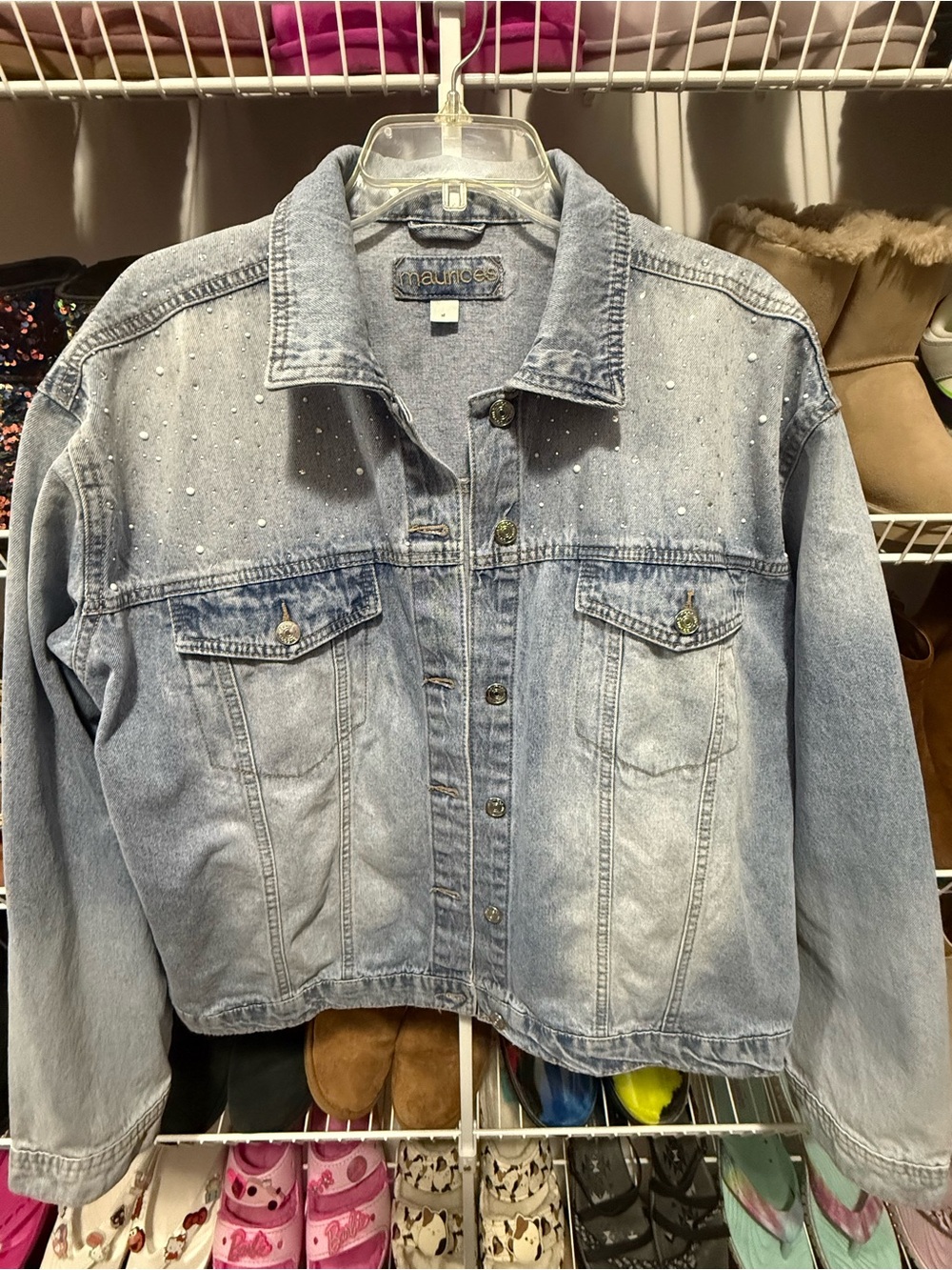 Maurices Washed Light Blue Denim Jacket with Bling Stud Accents